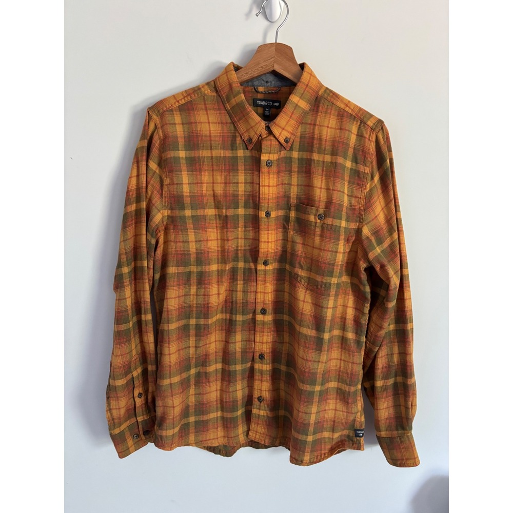 Toad&Co Mens Medium Plaid Flannel Shirt Orange Green Recycled Cotton Blend L/S